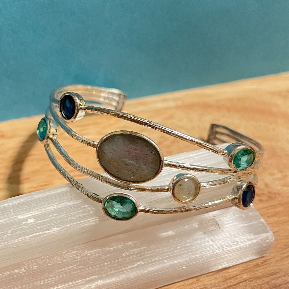 Silver Tone Metal Rhinestones & Wire Cuff Bracelet